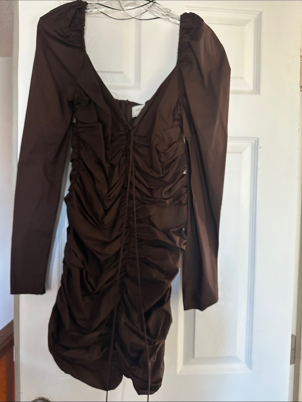 Brown Ruched Long-Sleeve Women's Dress